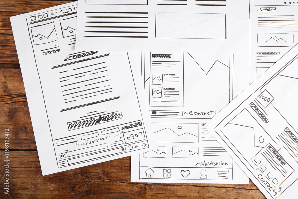 Aufkleber developing ui design. sketches of website wireframes on wooden table, top view