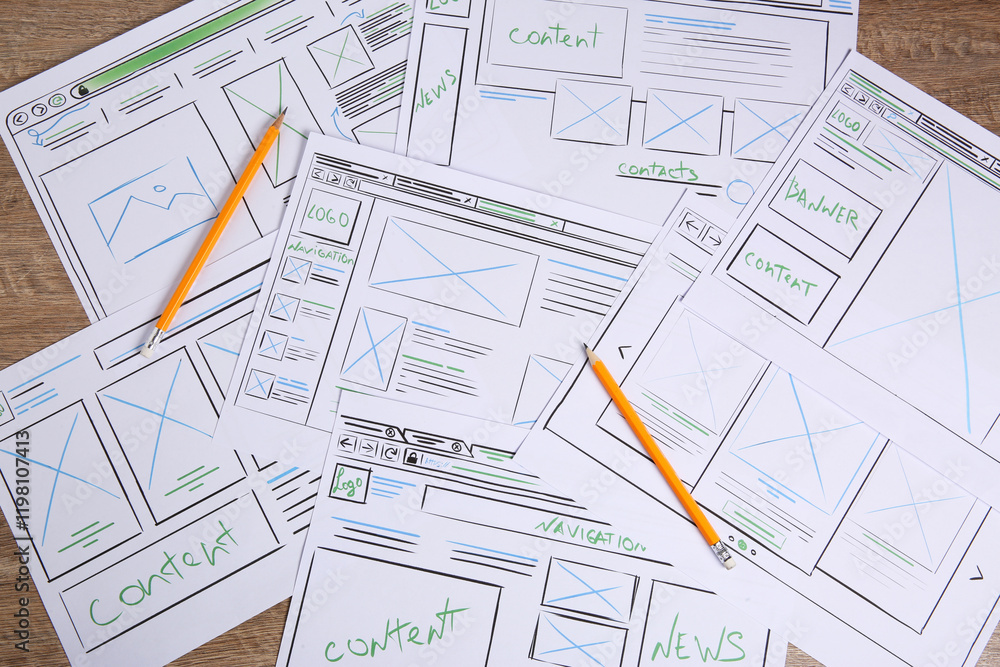 Fototapete developing ui design. sketches of website wireframes and pencils on wooden table, top view