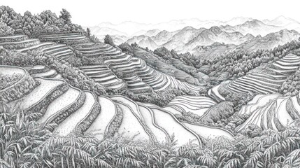 Fototapeta premium Monochrome drawing of rice terraces in mountains.
