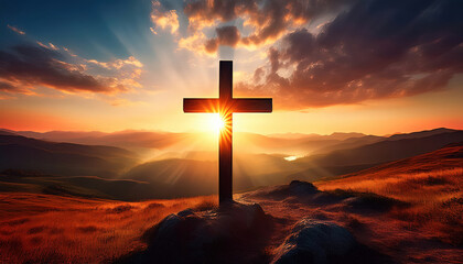 A moving depiction of Good Friday, featuring a wooden cross silhouetted against a vibrant sunset sky, symbolizing sacrifice and reflection, with deep warm tones creating an emotional atmosphere.
