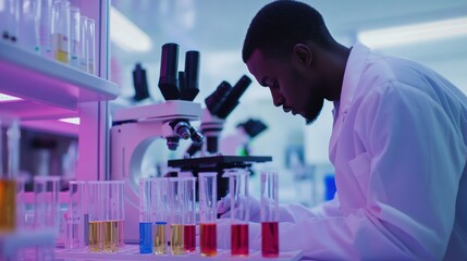 Laboratory scene with scientist working on experiments using microscopes and test tubes in modern research facility. Generative AI