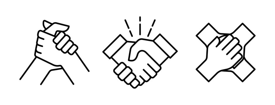 Illustration de la collaboration et des relations professionnelles : pictogrammes repr&eacute;sentant un contrat, une poign&eacute;e de main symbolisant l'accord et des mains appos&eacute;es pour la coh&eacute;sion 