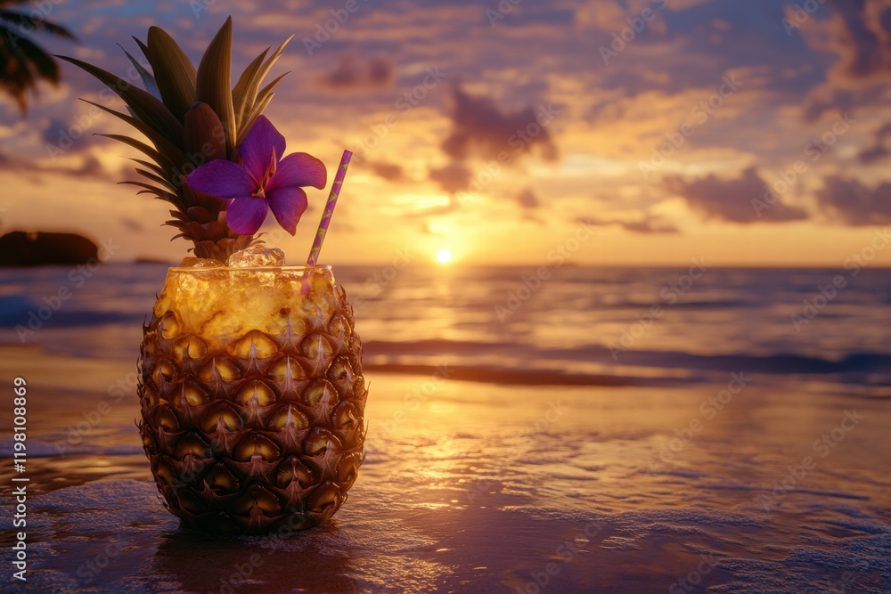 Poster enjoying a refreshing pineapple drink at sunset on a tropical beach with a serene ocean view. genera