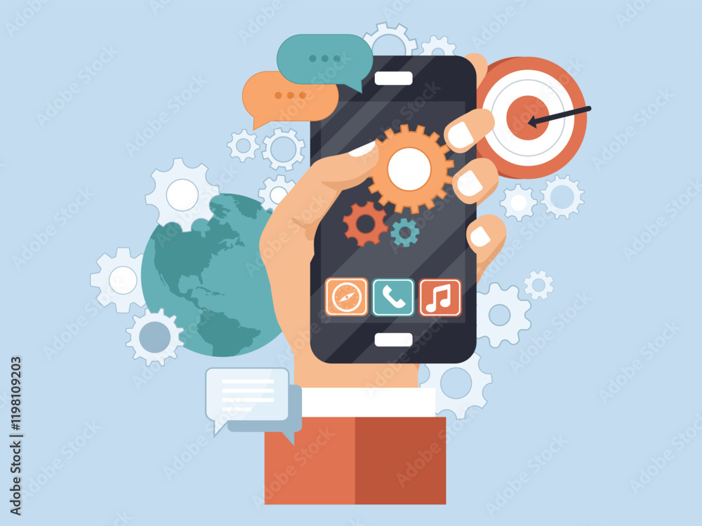 Canvas Prints application development icon. concept to building successful business. mobile phone and gears on the