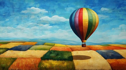 Obraz premium A colorful hot air balloon floating over a patchwork of fields 