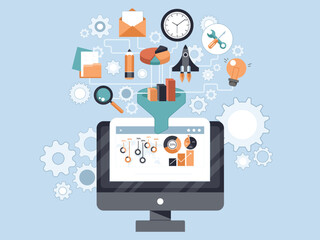 Concepts for creative process, big data filter, data tunnel and analysis. Flat vector illustration