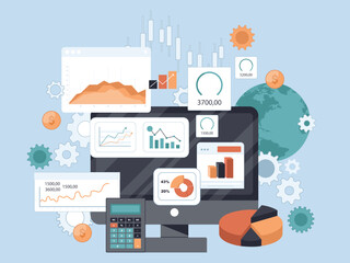 Business data analytics research concept. Business finance investment graph analysis report dashboard monitor. Flat vector illustration