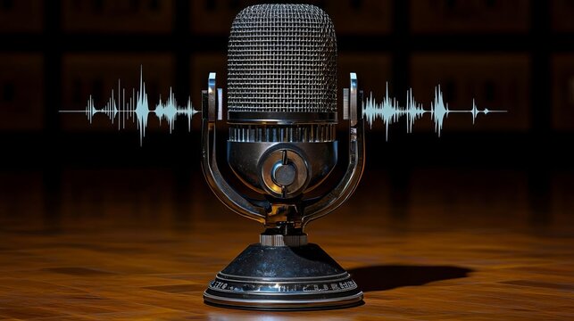 World Radio Day Vintage microphone with sound waves background.
