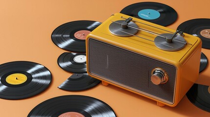World Radio Day Vintage radio with vinyl records on orange background.