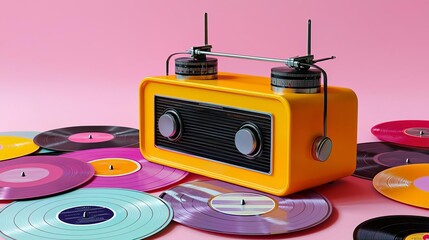 World Radio Day Vintage radio surrounded by colorful vinyl records.
