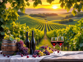 Romantic Wine Tasting Scene with Golden Sunset over Rolling Vineyard Hills