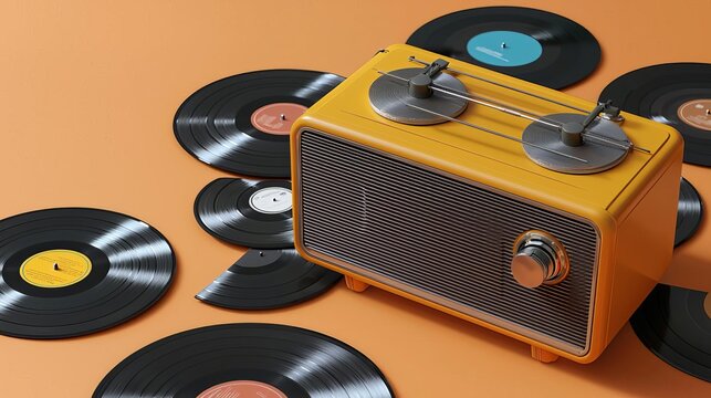 World Radio Day Vintage radio with vinyl records on orange background.