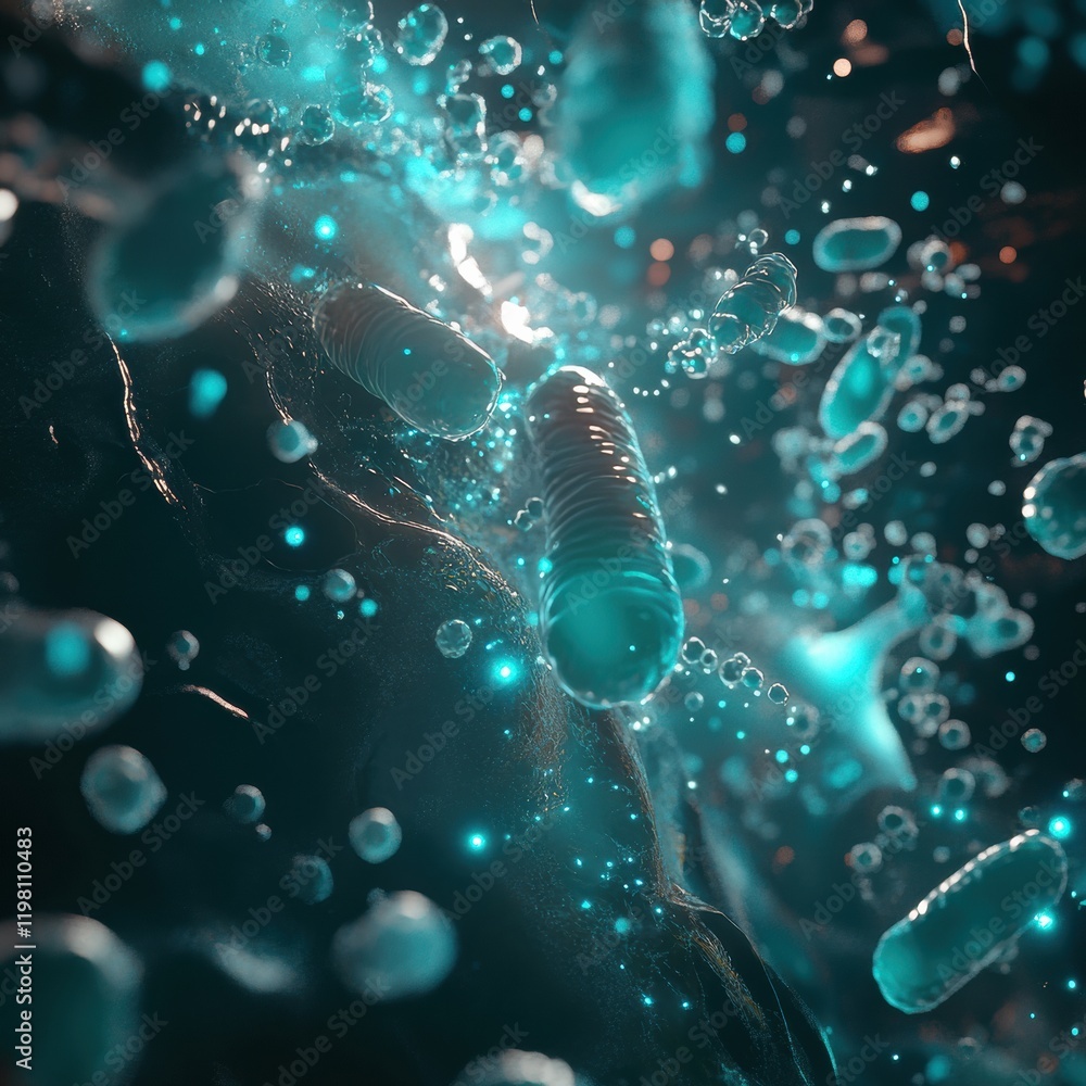 Aufkleber exploration of vibrant 3d microbes within a dynamic aquatic environment during an unseen moment. gen