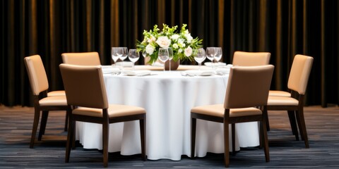 Elegant round dining table set for six with white tablecloth, tan chairs, and floral centerpiece against a dark curtain backdrop.