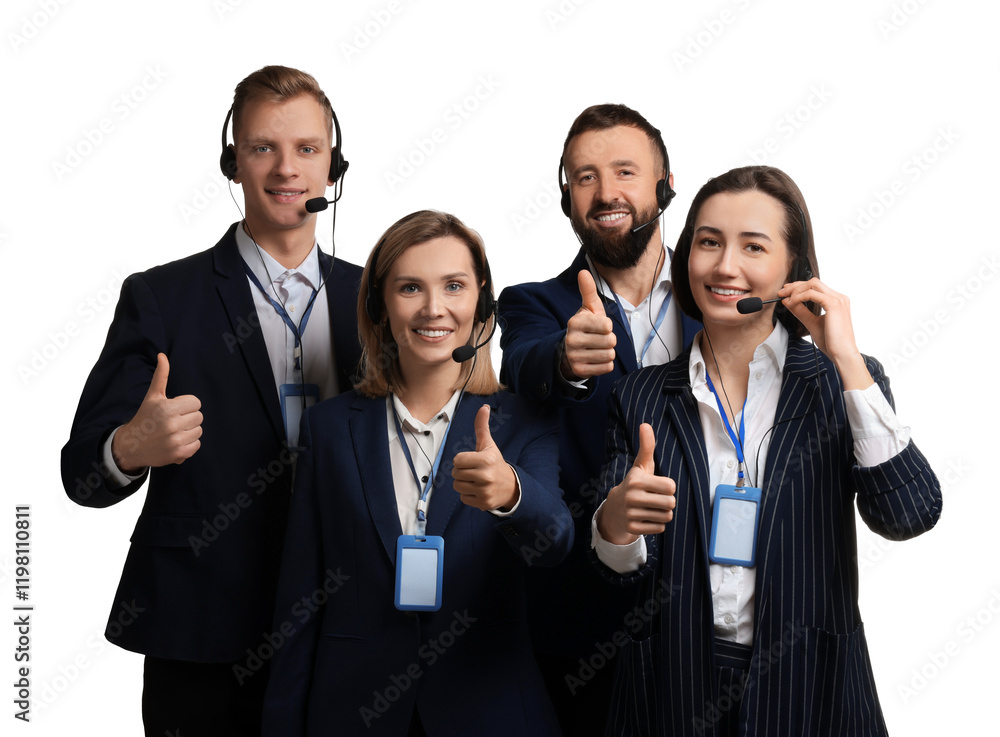 Poster technical support call center. team of friendly operators showing thumbs up on white background