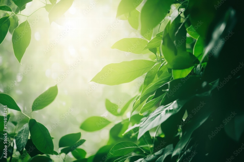 Poster serene forest glows with sunlight filtering through lush green leaves on a calm morning. generative 