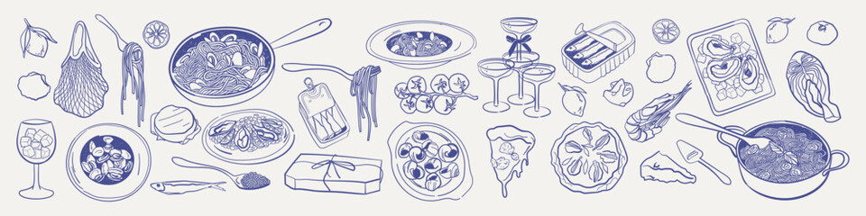 Elegant Italian dining set. Pizza, pasta, shrimp, mozzarella, and other classic dishes in a cozy, homemade style. Doodle drawing naive food collection in a dolce vita sketch aesthetic.