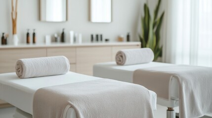 A serene spa environment featuring clean massage tables with rolled towels, perfect for relaxation and rejuvenation.