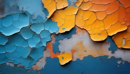 Obraz premium Vintage Elegance A Closeup of a Weathered, Colorful Wall Showcasing Patina from Blue, Yellow, and Orange Paints, Embracing the Passage of Time in an Urban Setting.