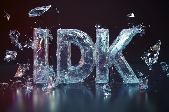 Shattered glass typography of IDK glowing in neon lights with vibrant reflections and scattered glass shards