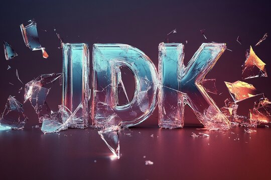 Shattered glass typography of IDK glowing in neon lights with vibrant reflections and scattered glass shards