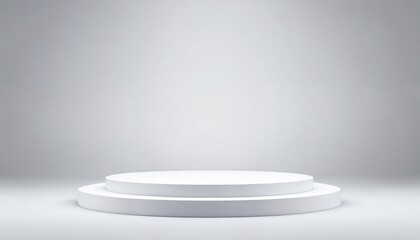 product display podium, circular white platform, soft illumination, gradient background, sleek metallic finish, studio lighting, futuristic, elegant simplicity 