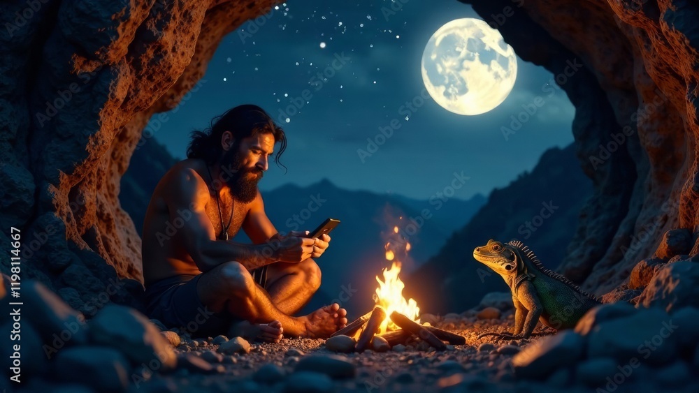 Poster a man with a beard sits on the ground, using a mobile device while beside a small campfire. an iguan