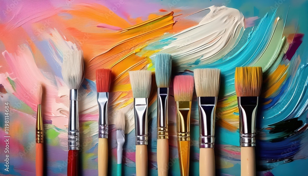 Poster vibrant closeup of assorted paintbrushes on canvas with pastel abstract strokes ideal for artistic e