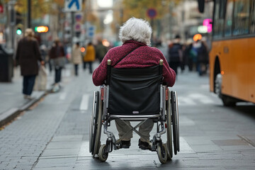 Elderly woman in wheelchair waiting by a bus stop in urban street setting