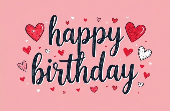 A vibrant birthday greeting showcases the words happy birthday in playful lettering surrounded by various hearts in shades of red and pink, set against a soft pink background for a festive feel.