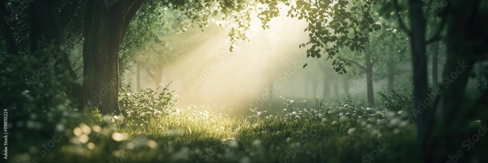 Aufkleber sunlight filters through lush green trees in a tranquil forest setting during a peaceful afternoon. 