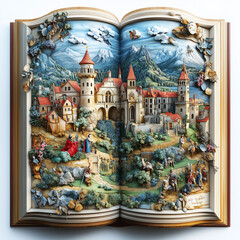 Fototapeta premium Open book with a detailed medieval landscape scene