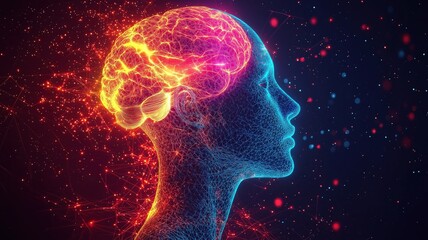 Biocentrism Concept. Digital illustration of a glowing brain within a human silhouette.