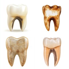 Four teeth showing different stages of decay and staining.