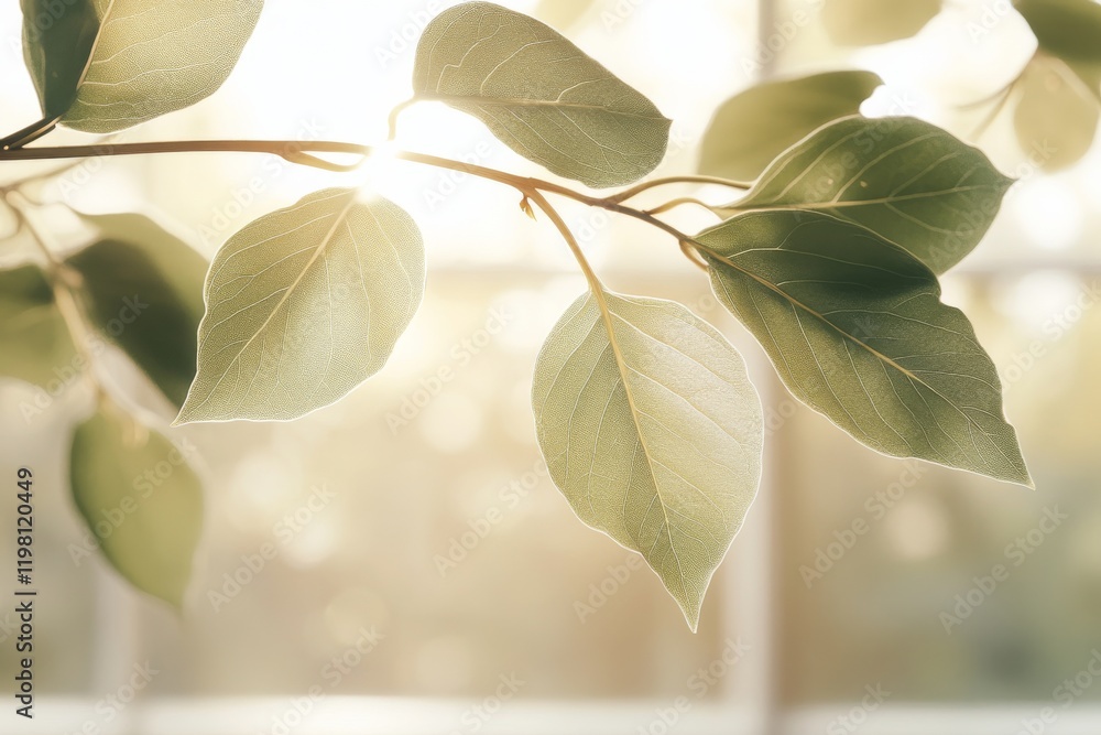 Poster sunlight filters through leaves creating a natural glow in a serene indoor setting