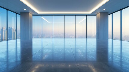 A sleek, minimalist room features expansive windows and modern lighting, showcasing an elegant grey and white color palette.