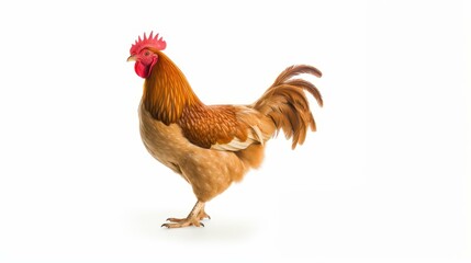 Fototapeta premium A vibrant rooster stands alone against a crisp white background, showcasing its colorful feathers and proud stance.