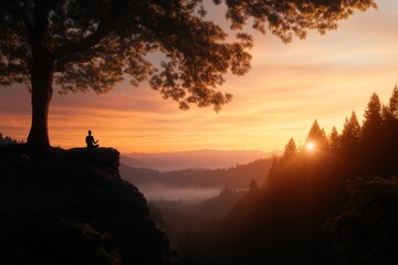 Sunset meditation on a cliff overlooking a tranquil forest valley with vibrant sky hues