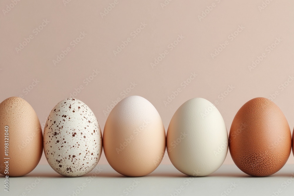 Poster display of various eggs arranged in a row against a soft background in a minimalist setting