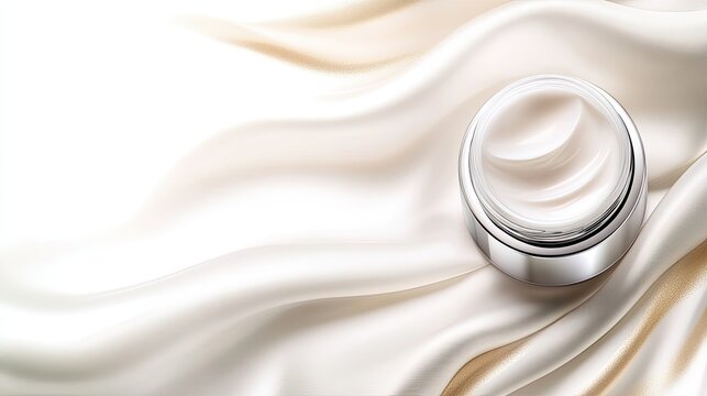 Modern Luxury Skincare Jar Nestled on Elegant Silk Creates a Serene and Sophisticated Ambience