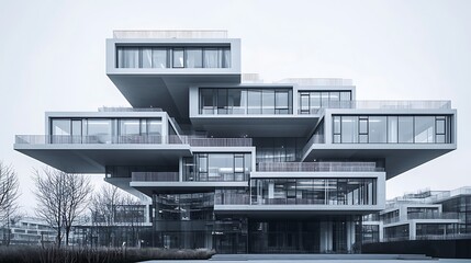 Modern office building, winter landscape, city skyline, architectural design, real estate