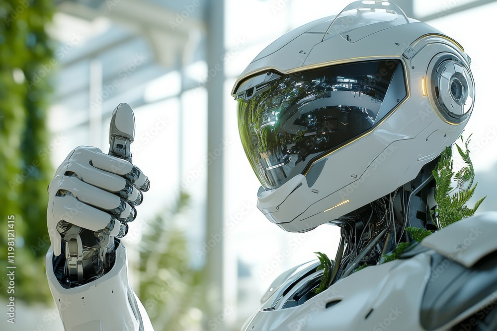 Aufkleber robotic figure displaying a thumbs up with greenery in a bright, futuristic setting
