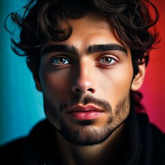 A colorful portrait of a person exuding mystery. Soft shadows and highlights accentuate their face, creating a dramatic atmosphere. Their gaze is slightly away, with a hint of intrigue.