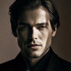 Fototapeta premium A colorful portrait of a person exuding mystery. Soft shadows and highlights accentuate their face, creating a dramatic atmosphere. Their gaze is slightly away, with a hint of intrigue.