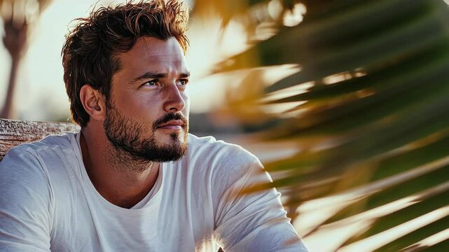 A fit young man with a smirk sits on a bench at the beach, showcasing sunny vibes in a casual white tee and relaxed style.