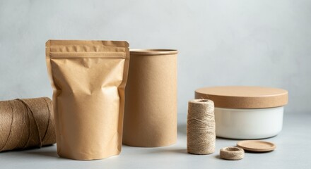 White bowl sits on a grey surface next to a brown bag and a brown container