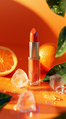 Vibrant Orange Lipstick Displayed with Citrus, Ice, and Nature Elements Background