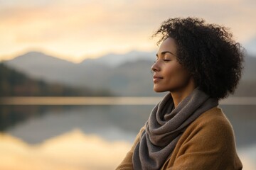 Fototapeta premium Relaxation by the lake at sunset with calm waters reflecting mountains and a woman enjoying peaceful solitude