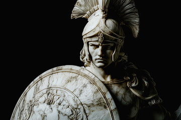 The relentless god of war Ares. Ancient Greek and Roman mythology. Fragment of a marble statue with deep shadows.