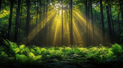 Naklejka premium Sunbeams Illuminating a Lush Forest Floor
